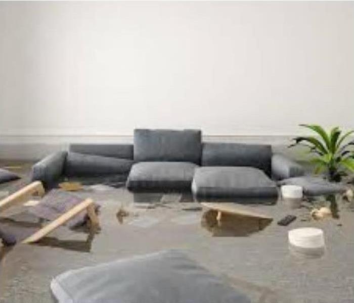A Flooded Family Room With Sofa Floating